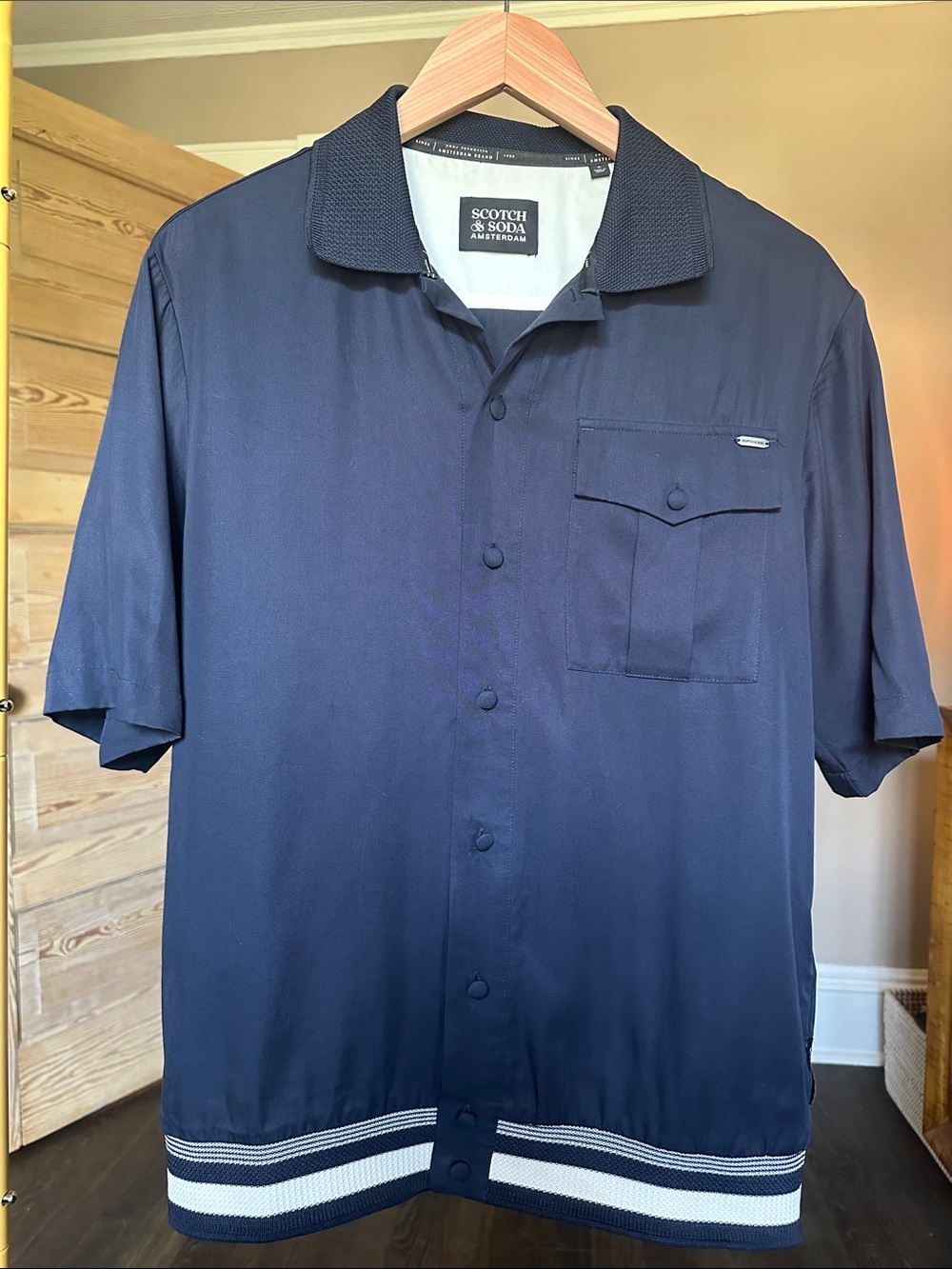 Scotch & Soda Navy Short-Sleeve Button Jacket with Contrast Hem